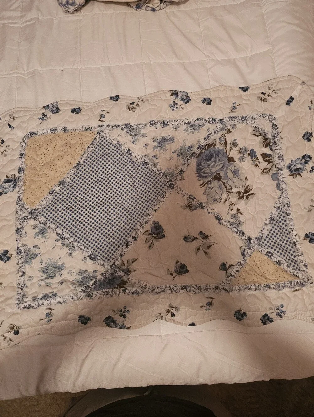 Floral Patchwork Bedspread - Blue and Cream